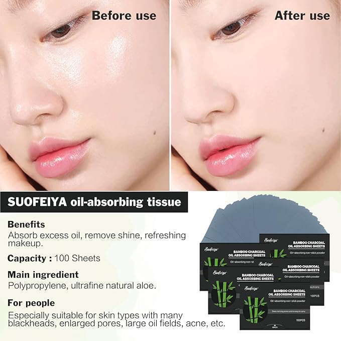 Natural Bamboo Charcoal Oil Absorbing Tissues - 6pk/600 Oil Blotting Sheets For Face, Oil Control Film, Oil Absorbing Sheets, Makeup Friendly-VivaGrace Women