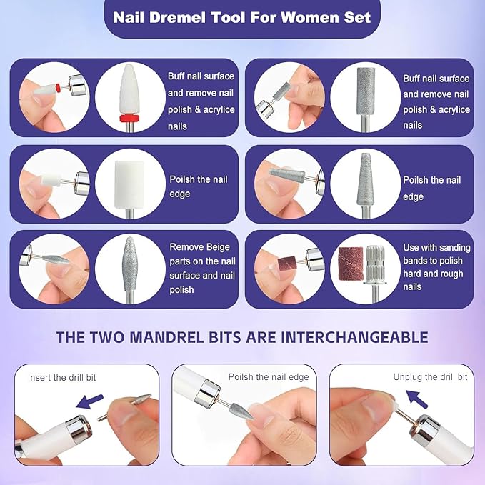 Electric Nail Drill File Cordless,Portable Rechargeable Nail File Kit for Acrylic & Gel Nails,Professional Efile for Manicure Pedicure Polishing,with 12 Nail Drill Bits 31 Sanding Bands,White-VivaGrace Women