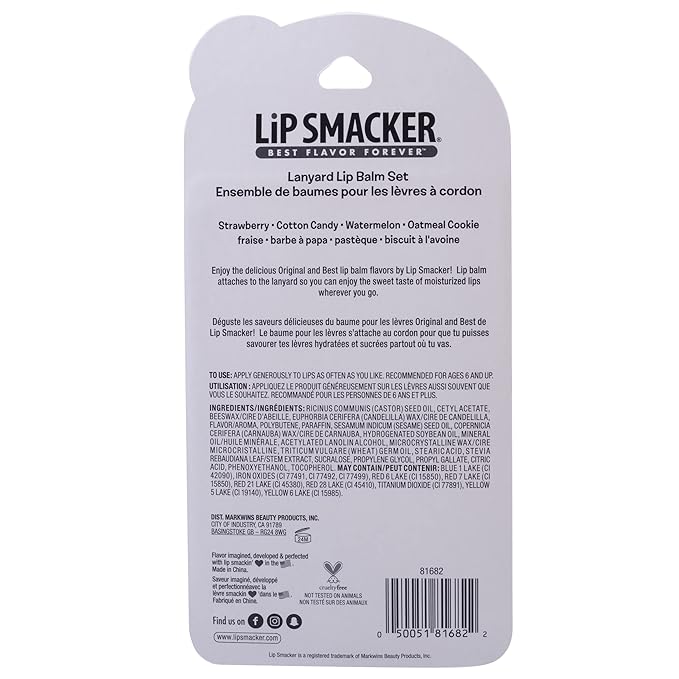 Lip Smacker Flavored Lip Balm & Pink Lanyard Set | Strawberry, Cotton Candy, Watermelon, Oatmeal Cookie Flavors | For Kids | Stocking Stuffer | Christmas Gift | Set of 4-VivaGrace Women