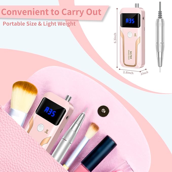 Portable Nail Drill Professional 35000 RPM, MOCOWIND Rechargeable Electric Nail File Machine E File for Acrylic Gel Polishing Removing, Cordless E-File with Bits Kit for Manicure Salon Home,Pink-VivaGrace Women