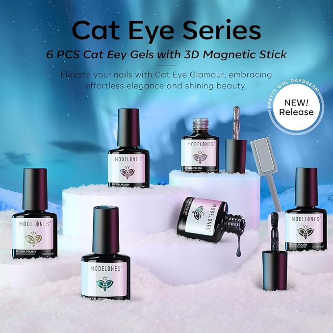 modelones Cat Eye Gel Nail Polish Set, 6 Colors Holographic 9D Glassy Cat Eye Glitter Gel Polish Set Black Blue Purple Green Nail Polish Kit with Magnet Soak Off LED Nail Art DIY Salon Gift-VivaGrace Women