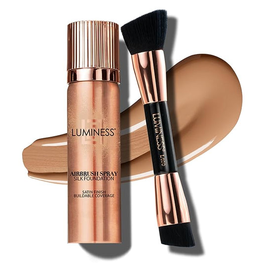 LUMINESS Silk Airbrush Spray Foundation & Buffing Brush Kit – Full Coverage Foundation & Dual-Sided Buffing Brush - Buildable Coverage, Anti-Aging Formula Hydrates & Moisturizes (Shade - Warm)-VivaGrace Women