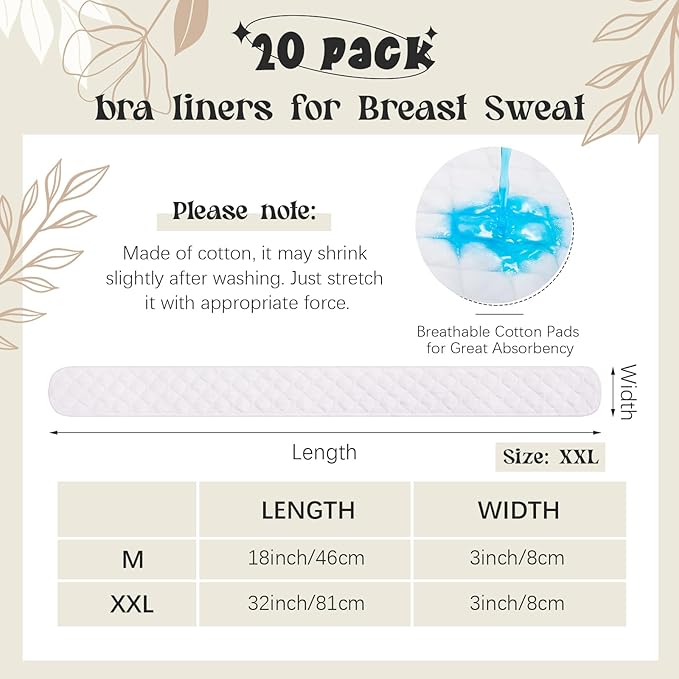 Toulite 20 Pcs Bra Liners for Sweat 18x3 Inch 3 Layer Washable Rectangle Cotton Under Breasts Pads for Women Absorb Sweating-VivaGrace Women