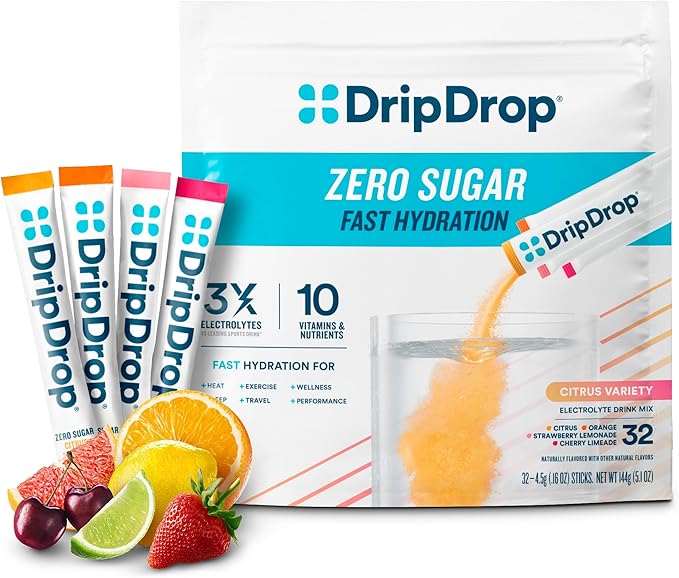 DripDrop Sugar Free Hydration Packets - Zero Citrus Variety Pack - Single Serve Electrolytes Powder Drink Mix - Cherry Limeade, Citrus, Orange, Strawberry Lemonade - Non-GMO, Gluten Free - 32 Sticks-VivaGrace Women