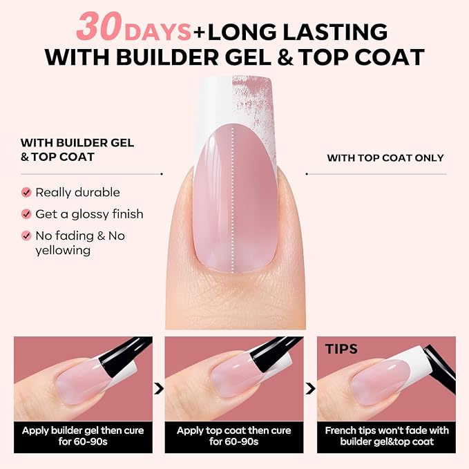 Gel Nail Kit, Top Coat, Nail Builder Gel and Nail Glue for Nail Tips, Press On Nails Kit with LED Light, 150 PCS Long Pink Square, 15 Sizes French Tip Press on Nails-VivaGrace Women