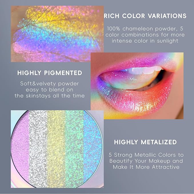 Chameleon Face Highlighter Palette, Glitter Metallic Rainbow Eyeshadow Holographic Sparkling Long Lasting Color Shifting Inner Corner Eye Brightener Illuminator Shimmer Highlighter Makeup-VivaGrace Women