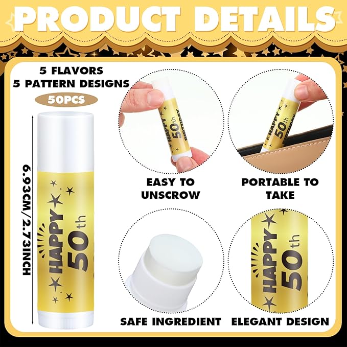 50 Sets Birthday Favors Lip Balm Gifts Bulk Moisturizing Lip Balm with 50 Organza Drawstring Gift Bag 50 Tags Birthday Party Supplies Gifts Bulk for Men and Woman (50th Birthday)-VivaGrace Women