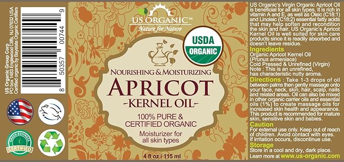 US Organic Apricot Kernel Oil, USDA Certified Organic,100% Pure & Natural, Cold Pressed Virgin, Unrefined in Amber Glass Bottle w/Glass Eyedropper for Easy Application (4 oz (Large))-VivaGrace Women
