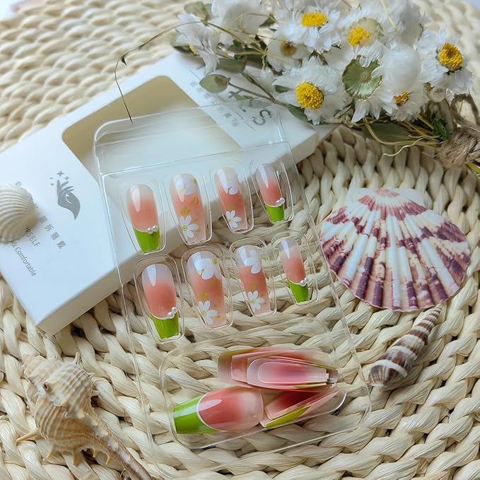 Green French Tip Fake Nails 24Pcs White Flower Press on Nails Long Coffin Acrylic False Nails with Design Pearl Nail Charms Camellia Flowers Glue on Nails Gradient Blush French Artificial Nails