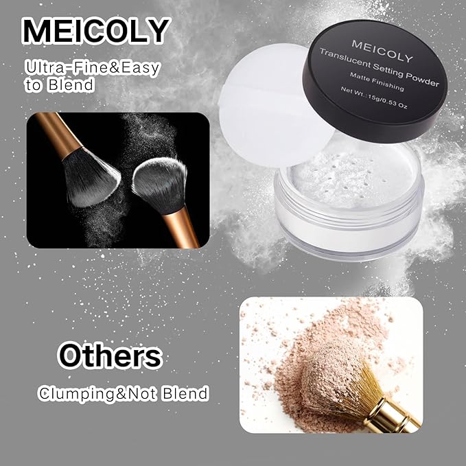 MEICOLY Talc-Free Setting Powder with Sifter,Long Lasting Loose Face Powder,Translucent Powder Colorset Powder,Matte Finishing White Face Paint Setting Powder for Halloween SFX Makeup,Oil Control-VivaGrace Women
