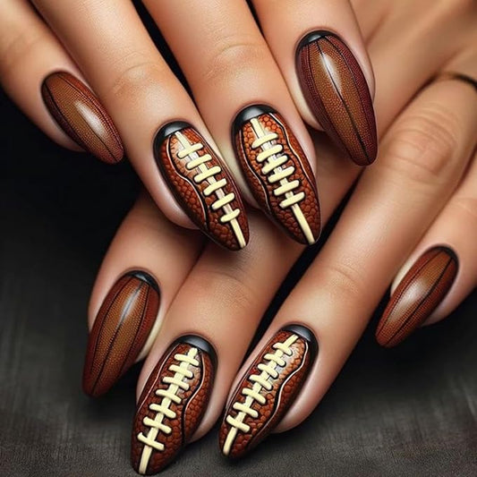 Baseball Press on Nails Medium Almond Fake Nails Brown False Nails with Rugby Design Glossy Spring Nails Coffee Summer Fall Nails Reusable Acrylic Nails Press on for Women Girls Manicure 24pcs