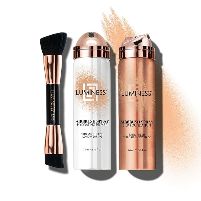 LUMINESS Airbrush Spray Silk Foundation Starter Kit - Light Medium - Foundation, Primer & Dual-Sided Angled Buffing Brush - Medium, Buildable Coverage, Anti-Aging Formula Hydrates & Moisturizes-VivaGrace Women