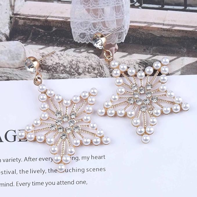 Vintage Pearl Star Drop Earrings Crystal Star Dangle Earrings Gold Rhinestone Stud Earrings Bohemian Large Star Statement Earrings Jewelry for Women and Girls Gifts-VivaGrace Women