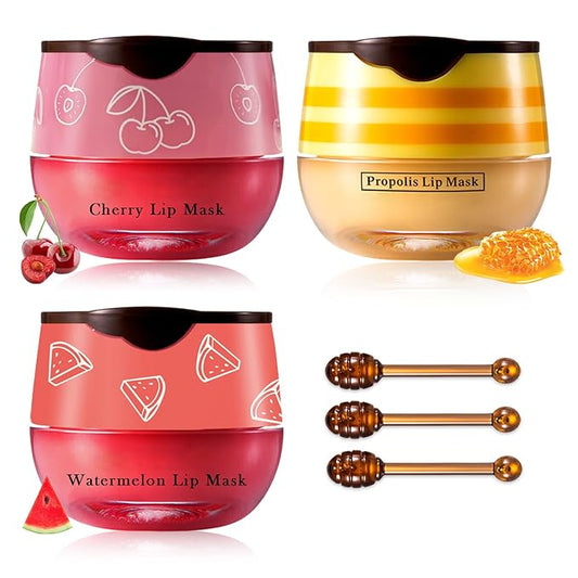 Honey Pot Lip Balm,3PCS Bee Lip Balm Honey Pot Cherry Watermelon Lip Scrub,Fade Lip Lines Prevention Dry and Cracked Lip Mask Overnight (Honey+Watermelon+Cherry)-VivaGrace Women