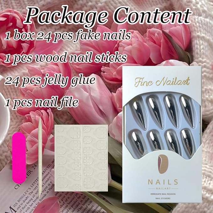 24pcs Silver Chrome Press On Stiletto Glossy Mirror Full Cover Acrylic Ballerina Glue On Almond Shape False Nails for Women & Girls