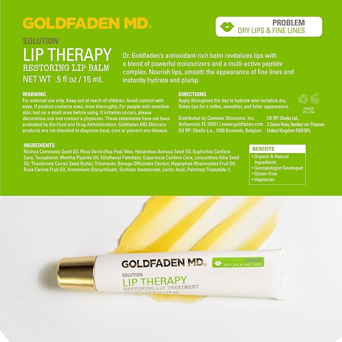 Goldfaden MD Lip Therapy | Restoring Lip Treatment | w/Peptides, Hyaluronic Acid, Fruit Berry Wax, Borage Oil, Rose Hip Oil & Vitamin E | Nourishes, Hydrates & Plumps Appearance 0.5 ﬂ oz / 15 mL-VivaGrace Women