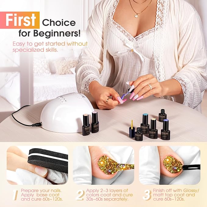 ROSALIND Glitter Gel Nail Polish, 8 Color Gold Glitter Gel Polish Sparkle Diamond Effect Sparkling Collection Soak Off Led Nail Art DIY Salon Gifts For Women-VivaGrace Women