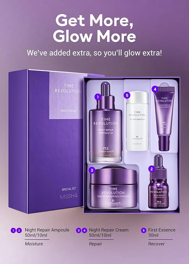 MISSHA Time Revolution Night Repair 5X Gift Set Night Repair Ampoule and Cream 5X, The First Essence 5X for Youthful, Glowing Skin-VivaGrace Women