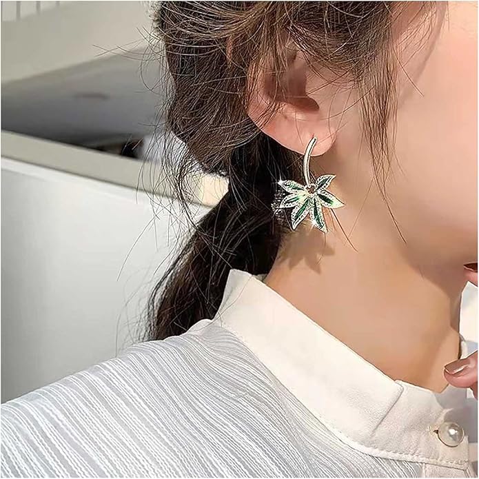 Vintage Emerald Pot Leaf Earrings Green Leaf Drop Earrings Green Marijuana Leaf Earrings Gold Cz Leaf Dangle Earrings Jewelry for Women-VivaGrace Women