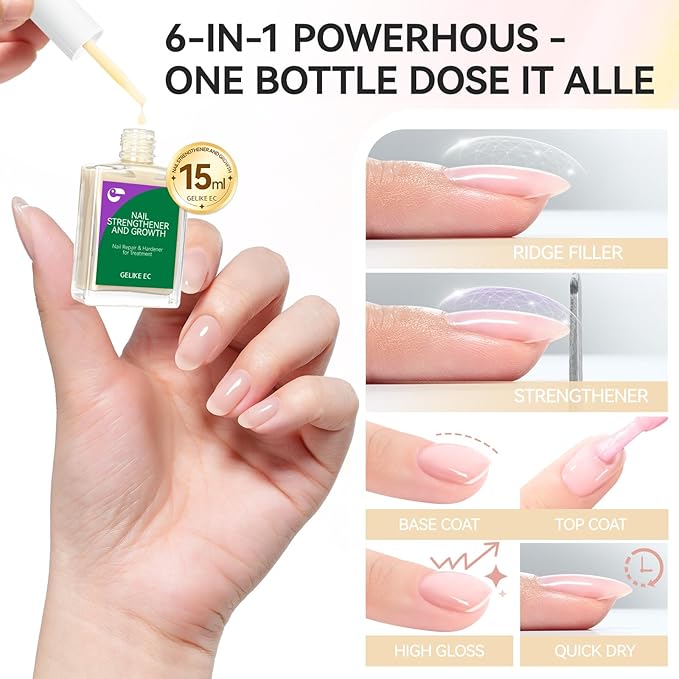Nail & Toes Polish Strengthener and Growth: Apricot 15ml Gelike EC 6 in 1 Natural Nail Hardener Extra Strong and Growth - Long Lasting Nail Repair for Damaged Nails - For Daily Work Home Salon