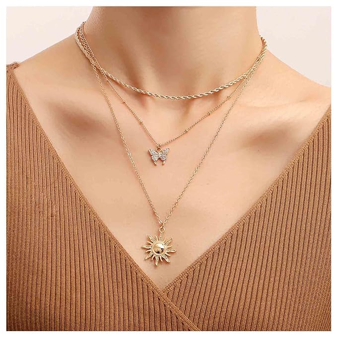 Bohemia Layered Sun Necklace Choker Crystal Butterfly Pendant Necklace Gold Rope Chain Necklace Vintage Sunflower Necklace Jewelry for Women and Girls-VivaGrace Women