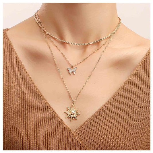 Bohemia Layered Sun Necklace Choker Crystal Butterfly Pendant Necklace Gold Rope Chain Necklace Vintage Sunflower Necklace Jewelry for Women and Girls-VivaGrace Women