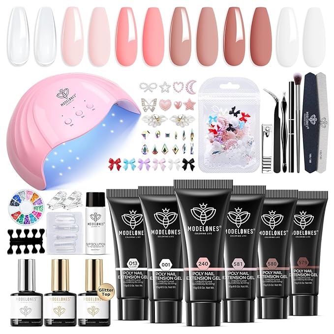 Modelones Poly Extension Gel Nail Kit, 6 Colors Pink Nude with 48W U V/LED Lamp Slip Solution 3D Bow Pearl Charms Decoration Rhinestone Glitter Tools for Manicure Beginner Starter Kit DIY at Home-VivaGrace Women