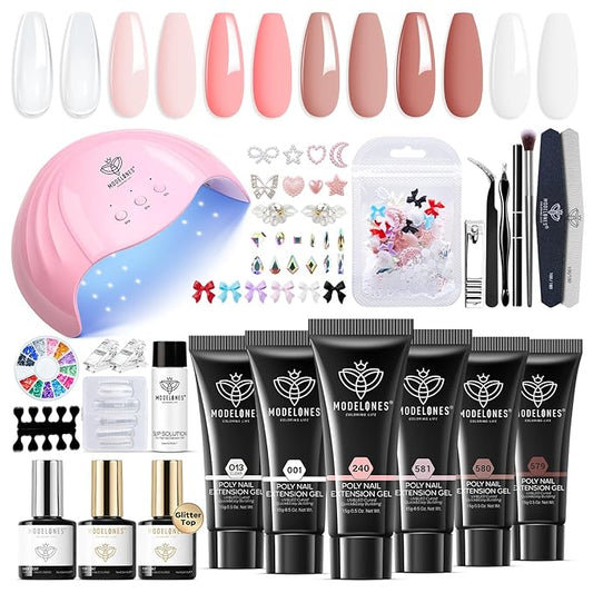Modelones Poly Extension Gel Nail Kit, 6 Colors Pink Nude with 48W U V/LED Lamp Slip Solution 3D Bow Pearl Charms Decoration Rhinestone Glitter Tools for Manicure Beginner Starter Kit DIY at Home-VivaGrace Women