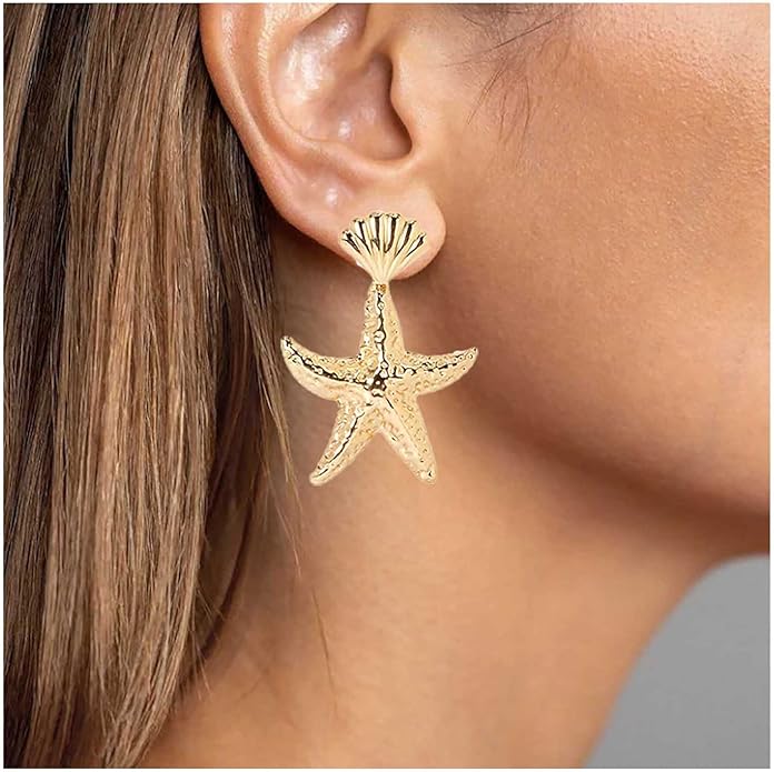 Vintage Starfish Dangle Earrings Starfish Drop Earrings Gold Metal Seashell Stud Earrings Hammered Starfish Earrings Jewelry for Women-VivaGrace Women