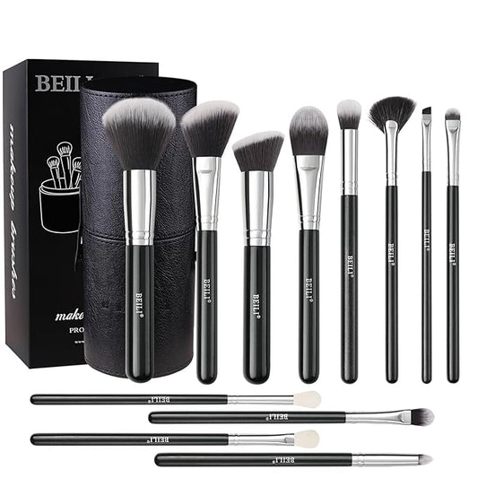 BEILI Makeup Brushes 12pcs Makeup Brushes Set with Holder Premium Synthetic Kabuki Foundation Brush Blending Blush Concealer Full Face Makeup Brushes Kit With Gift Box(Black)-VivaGrace Women
