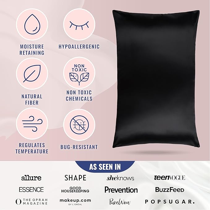 Blissy Silk Pillowcase - 100% Pure Mulberry Silk - 22 Momme 6A High-Grade Fibers - Silk Pillow Cover for Hair & Skin - Regular, Queen & King (Black, Queen)-VivaGrace Women