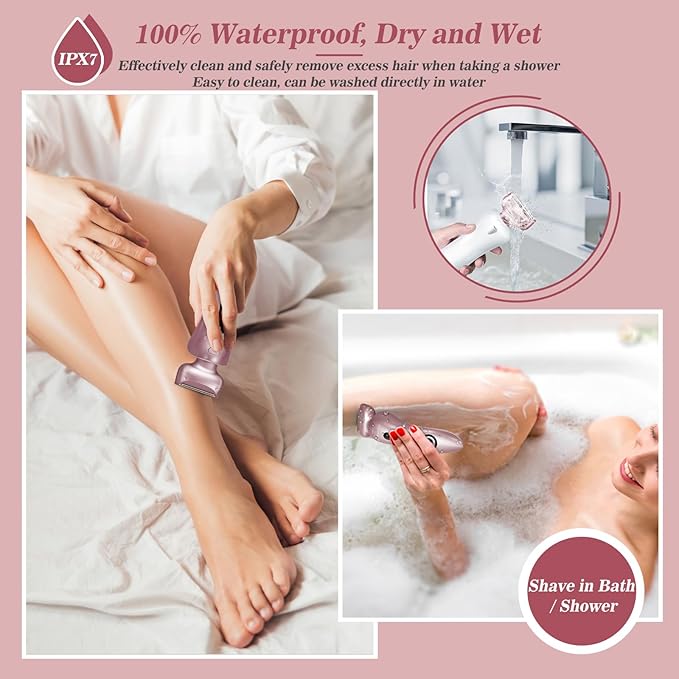 Electric Shaver for Women for Legs Bikini Trimmer Electric Razors for Women Underarm Public Hairs Rechargeable Womens Shaver Wet Dry Use Painless Cordless with Detachable Head (Pink)-VivaGrace Women