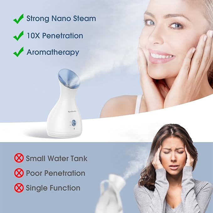 Newbealer 2in1 Facial Steamer, Hot Mist Facial Aromatherapy Humidifier Atomizer, Large Face Steamer Unclogs Pores Sinuses Moisturizing, Home Sauna Spa with Eyebrow Set (Blue, 170ml)-VivaGrace Women
