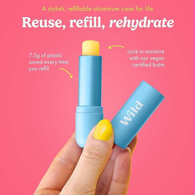 Wild Refillable Lip Balm Starter Kit - Includes Blue Aluminum Case & 3 Pack Lip Balm Refills in a Variety of Scents - Includes Coconut & Vanilla, Passionfruit Swirl & Watermelon Flavors-VivaGrace Women