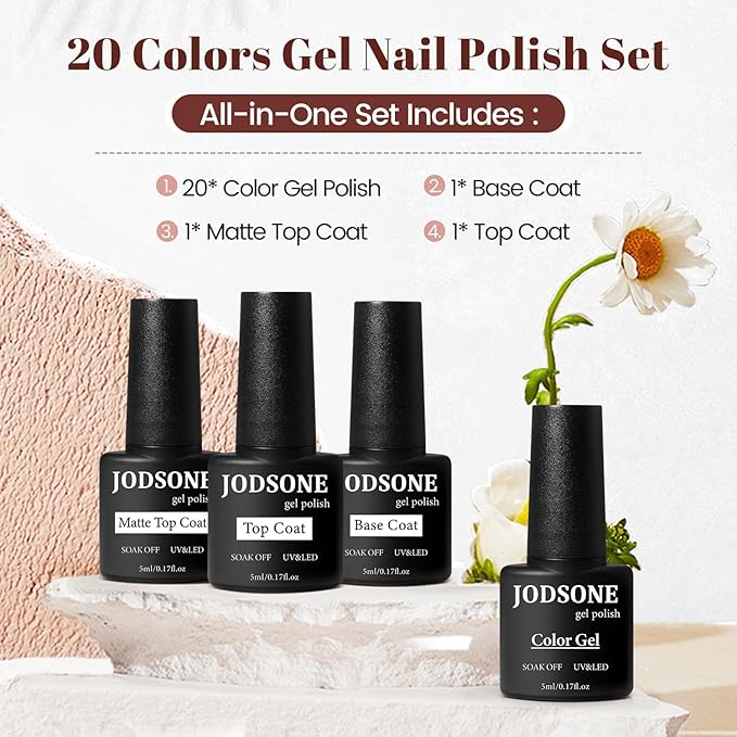 JODSONE 23 PCS Gel Nail Polish Set with Base Glossy and Matte Top Coat Multicolored Gel Nail Long Lasting Suitable for All Seasons-VivaGrace Women