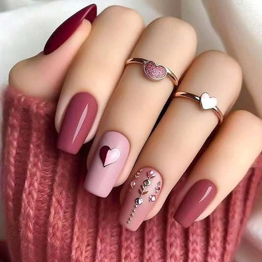 Coffin Press on Nails Medium Fake Nails Red False Nails with Glitter Heart Designs Fall Nail Press ons Glossy Artificial Nails Full Cover Glue on Nails Cute Stick on Nails for Women 24Pcs