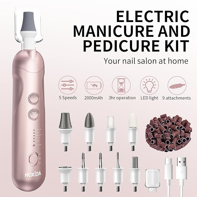 Manicure Pedicure Kit with Case, Professional Nail Grinder for Senior Thick Toenail, Cordless Electric Nail File, 5 Speeds Pedicure Tools for feet Callus Remover, Nail Drill for Women Hand Feet Care-VivaGrace Women