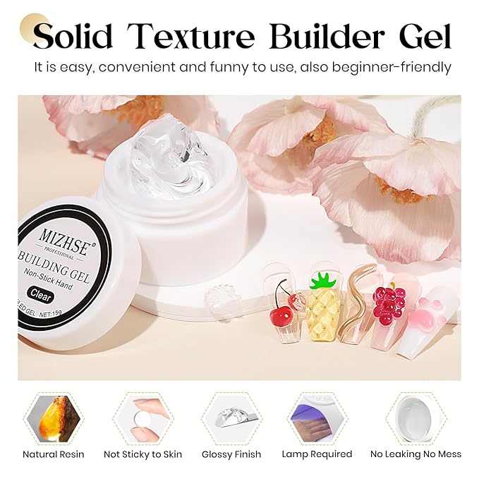 MIZHSE Solid Builder Gel for Nails, Clear Non-Sticky Sculpting Gel, 3D Nail Art Carving Building Modeling Hard Nail Extension Soak Off UV/LED Nail Art Salon Home DIY 15g-VivaGrace Women