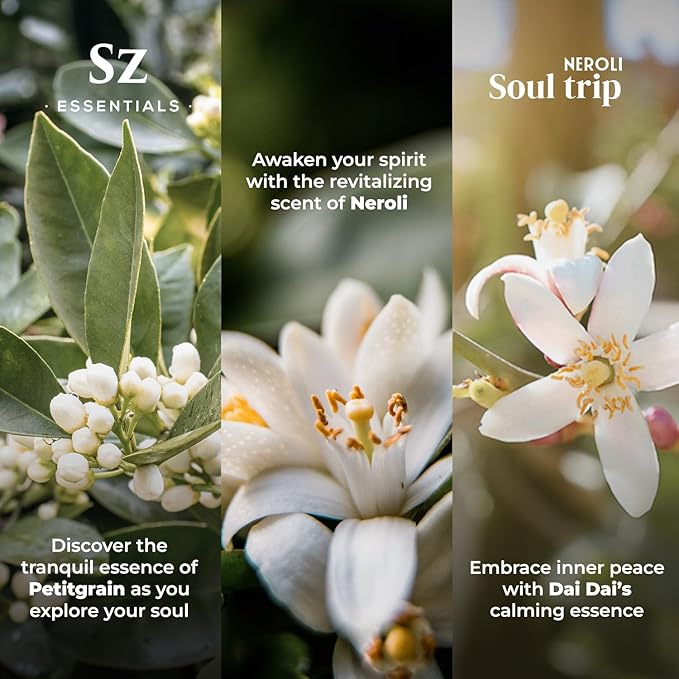 Neroli Soul Trip Essential Oils Collection- Neroli + Petitgrain Sur Fleurs + Dai Dai Blossom -Set of 3 Bottles (0.17 Fl Oz- 5ml each)- 100% Pure & Undiluted - Therapeutic Grade & Vegan-VivaGrace Women