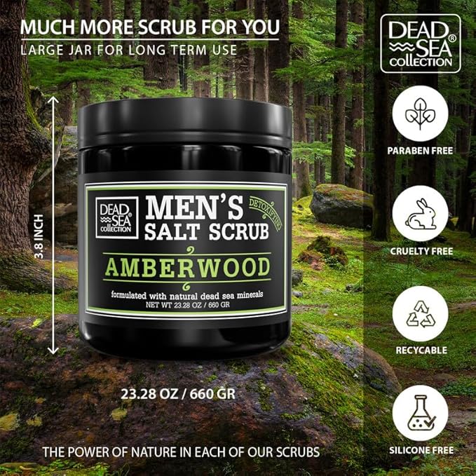 Salt Body Scrub Amberwood For Men – Moisturizes, Exfoliates & Nourishes Skin – Cleanses & Detoxifies with Dead Sea Minerals - Dead Sea Collection – 23.28 OZ-VivaGrace Women