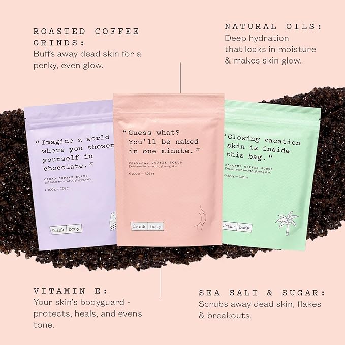 Frank Body Scrub Variety Pack | Natural, Vegan, Cruelty Free Exfoliating Body Scrub | Includes Original Coffee, Cacao, & Coconut Coffee Scrubs | 3 x 7.05 oz / 200 g-VivaGrace Women