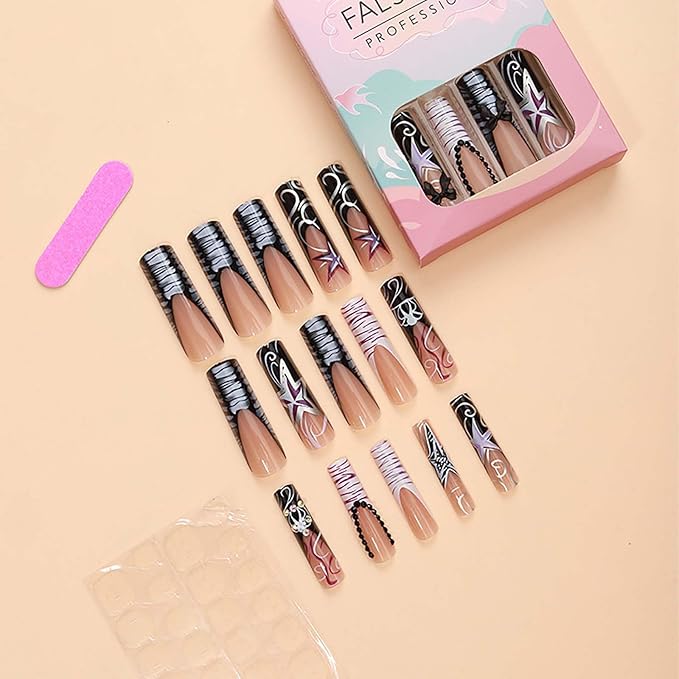 Extra Long Nail XL Nails with Design - Square False Nails - Press Ons Black & Nude