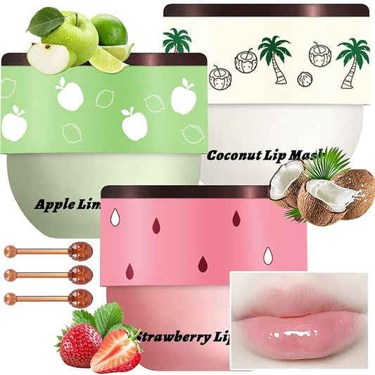 3 PCS Bee Lip Balm Honey Pot, Strawberry & Apple Lime & Coconut Lip Mask Overnight Propolis Moisturizing Lip Balm Hydrating Prevention Dry and Crack Lip Scrubs Exfoliator Lip Wrinkle Care (Set D)-VivaGrace Women