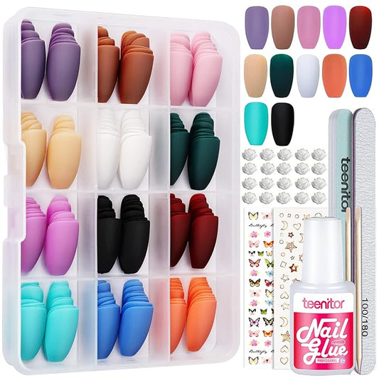 Teenitor Matte Press On Nails Coffin, 288pcs Press On Nails Medium Length Coffin Glue On Nails Set, 12 Color Press On Coffin Nails, Short Coffin Press On Nails With Nail Glue