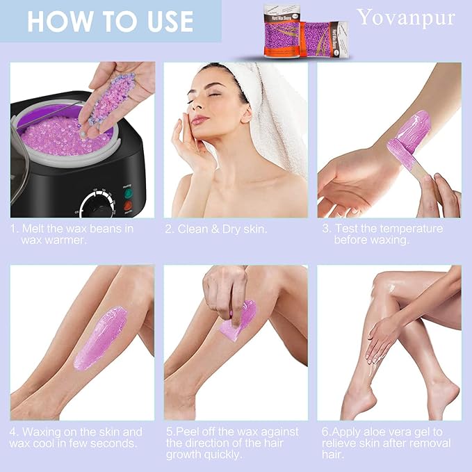 Hard Wax Beads for Hair Removal, Waxing Beans for Sensitive Skin (Violet), 10.5 Ounce/bag with 10pcs Wax Sticks