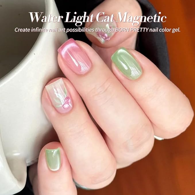 Born Pretty Pastel Magnetic Gel Nail Polish,Water Light Cat Magnetic Eye Gel Jelly Glass Crystal Nail Polish Glitter Shimmer Auroras Magnetic Gel Nail Art Manicure Kit 6PCS-VivaGrace Women