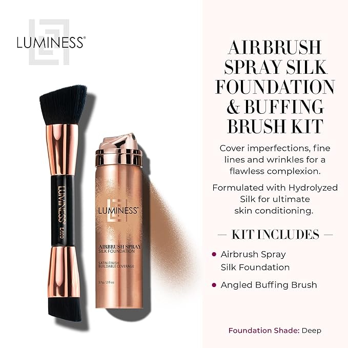 LUMINESS Silk Airbrush Spray Foundation & Buffing Brush Kit – Full Coverage Foundation & Dual-Sided Buffing Brush - Buildable Coverage, Anti-Aging Formula Hydrates & Moisturizes (Shade - Deep)-VivaGrace Women