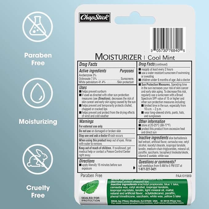 ChapStick Moisturizer 2-in-1 Lipcare SPF 15 Cool Mint 3-Pack + Classic Spearmint Lip Balm 2-Pack, 0.15 Oz Ea (5 Piece Set)-VivaGrace Women