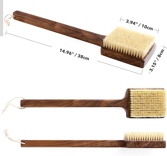 Luxury Natural Walnut Wood Boar Bristle Body Brush | Exfoliating & Detoxifying for All Skin Type | Sweeps Away Dead Skin Cells for Luminous, Smooth Skin | for Wet and Dry Use (Long Handle)-VivaGrace Women