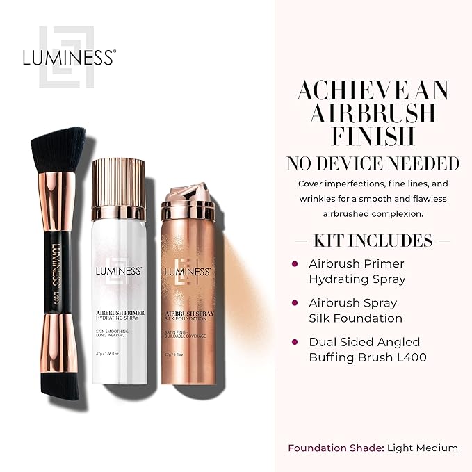 LUMINESS Airbrush Spray Silk Foundation Starter Kit - Light Medium - Foundation, Primer & Dual-Sided Angled Buffing Brush - Medium, Buildable Coverage, Anti-Aging Formula Hydrates & Moisturizes-VivaGrace Women